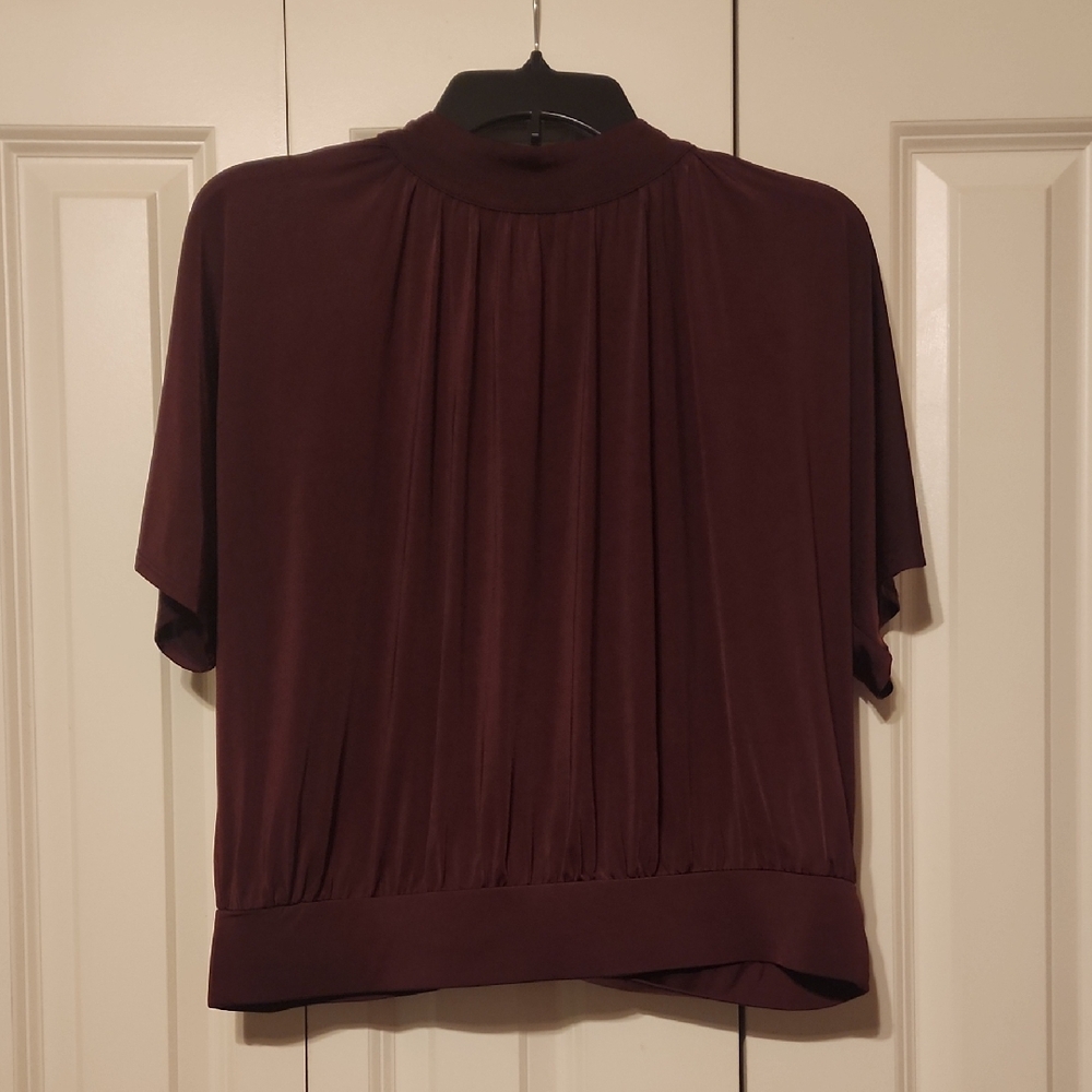 Wine Pleated Blouse with Mandarin Collar